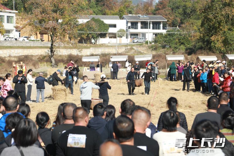 现场开展趣味农耕比赛，村民们肩挑稻谷，感受丰收喜悦。