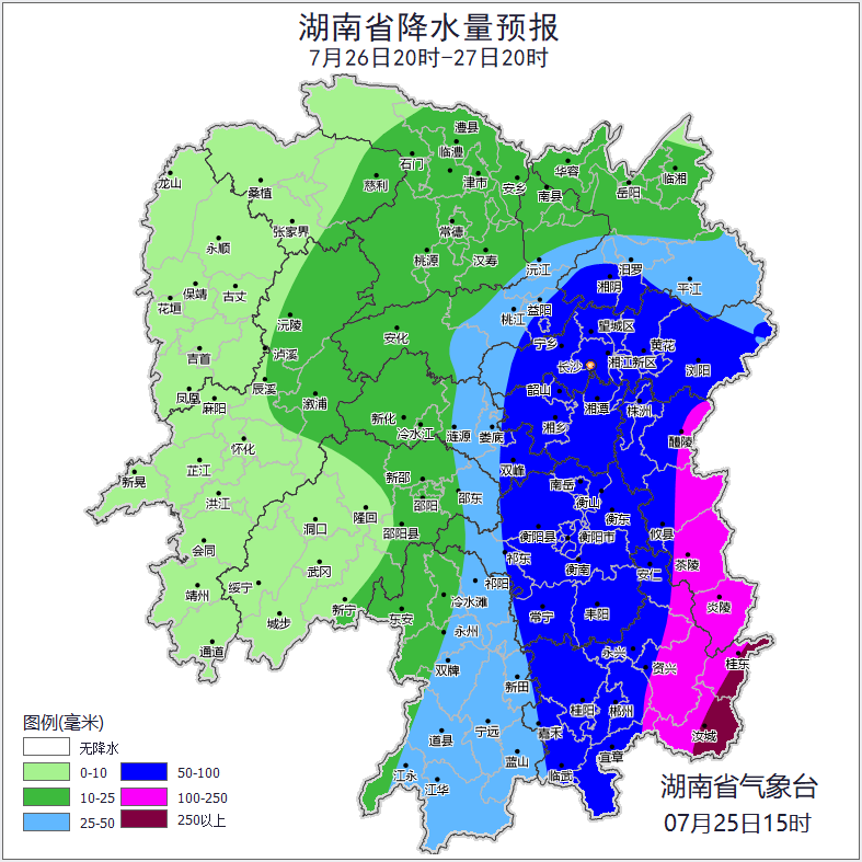26日20时至27日20时湖南省降水量预报。 26日20时至27日20时湖南省降水量预报。
