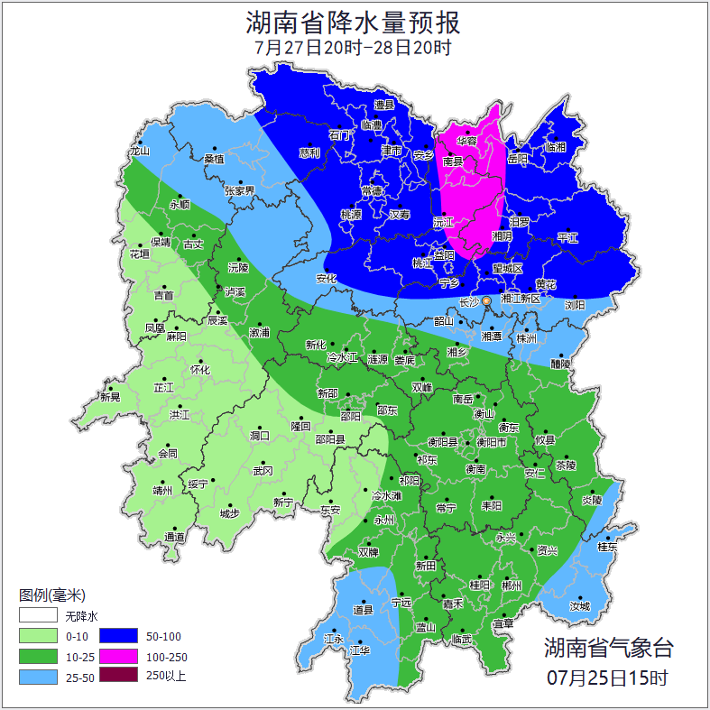 27日20时至28日20时湖南省降水量预报。 27日20时至28日20时湖南省降水量预报。