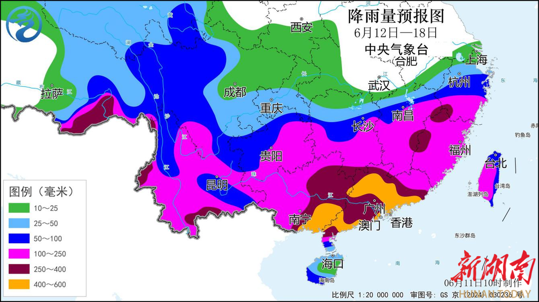 降雨量预报图(6月12日—18日) 降雨量预报图(6月12日—18日)