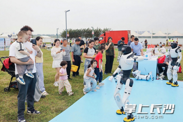 在松雅湖畔,市民观看机器人舞蹈。均为活动方供图 在松雅湖畔,市民观看机器人舞蹈。均为活动方供图